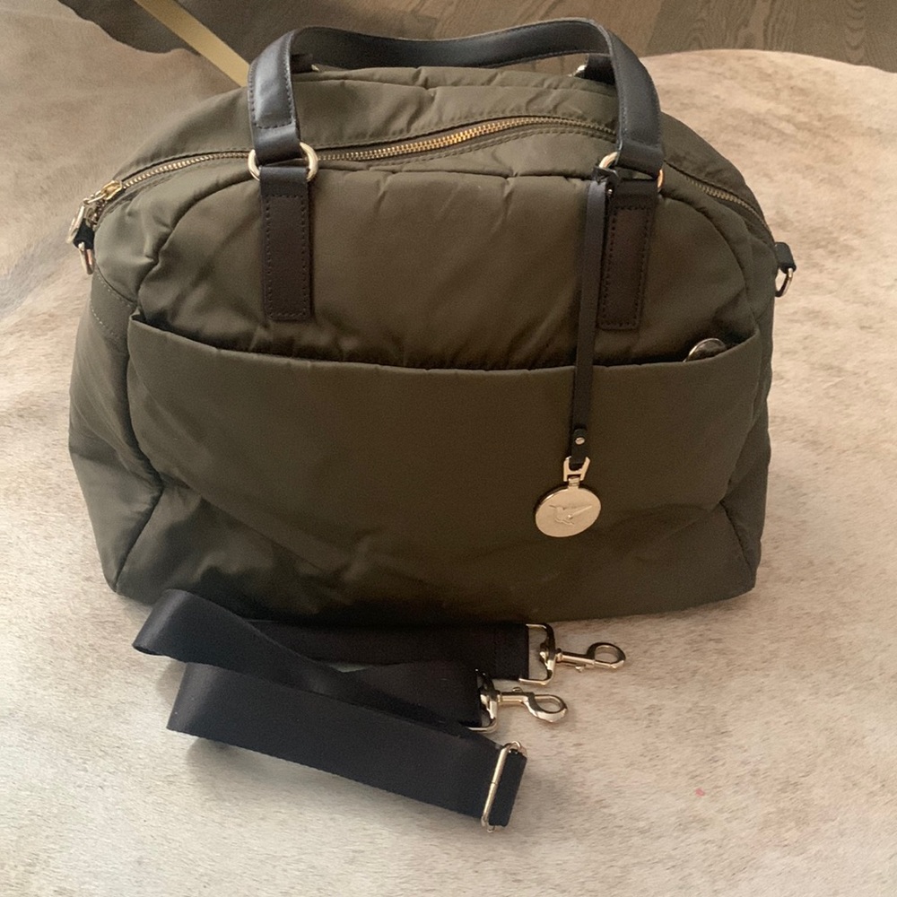 Lo & Sons Olive Green O.M.G. Laptop bag with gold hardware and tan interior.